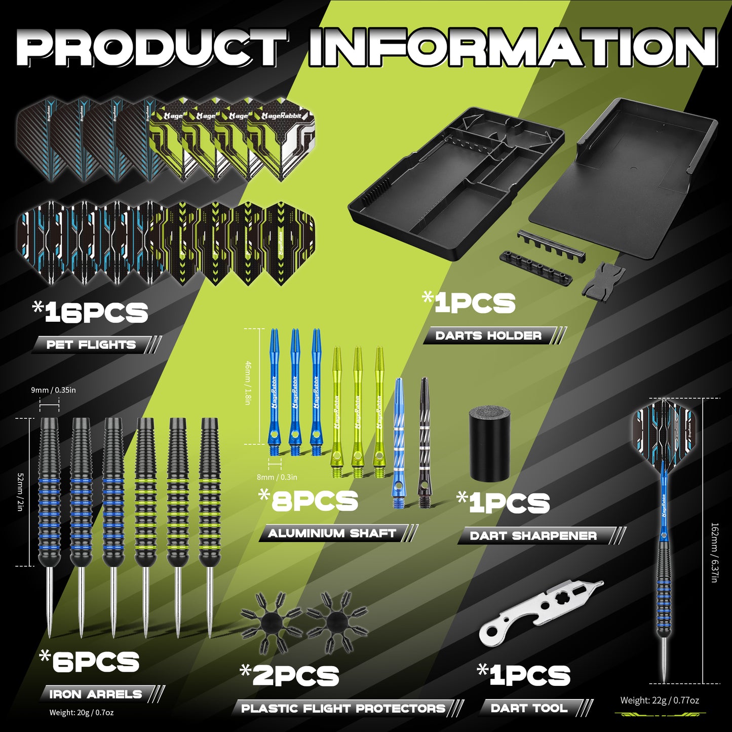 MageRabbit 22g Steel tip Darts Set with extra accessories 6pcs of 1 set