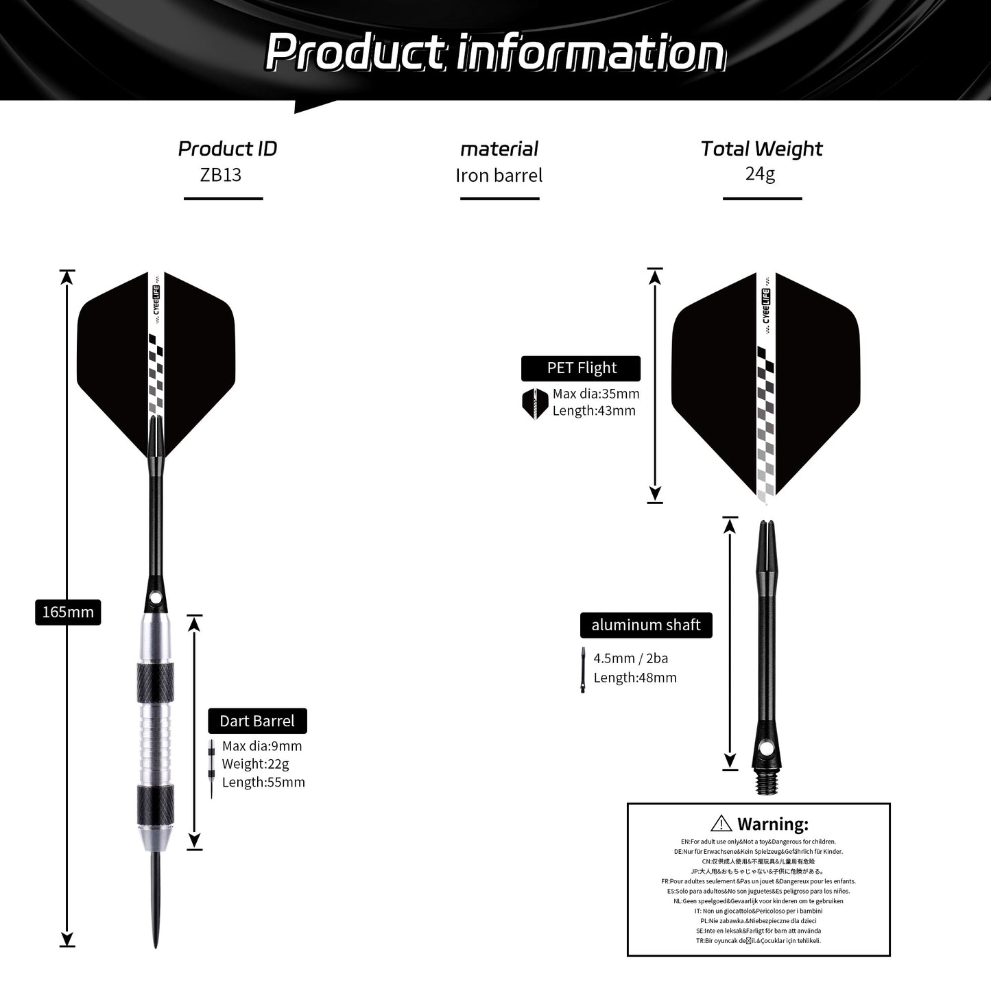 ZQ01 Stainless Steel Tip Darts Set 23g with carry case,Aluminum shafts,Sharpener and Extra Flights