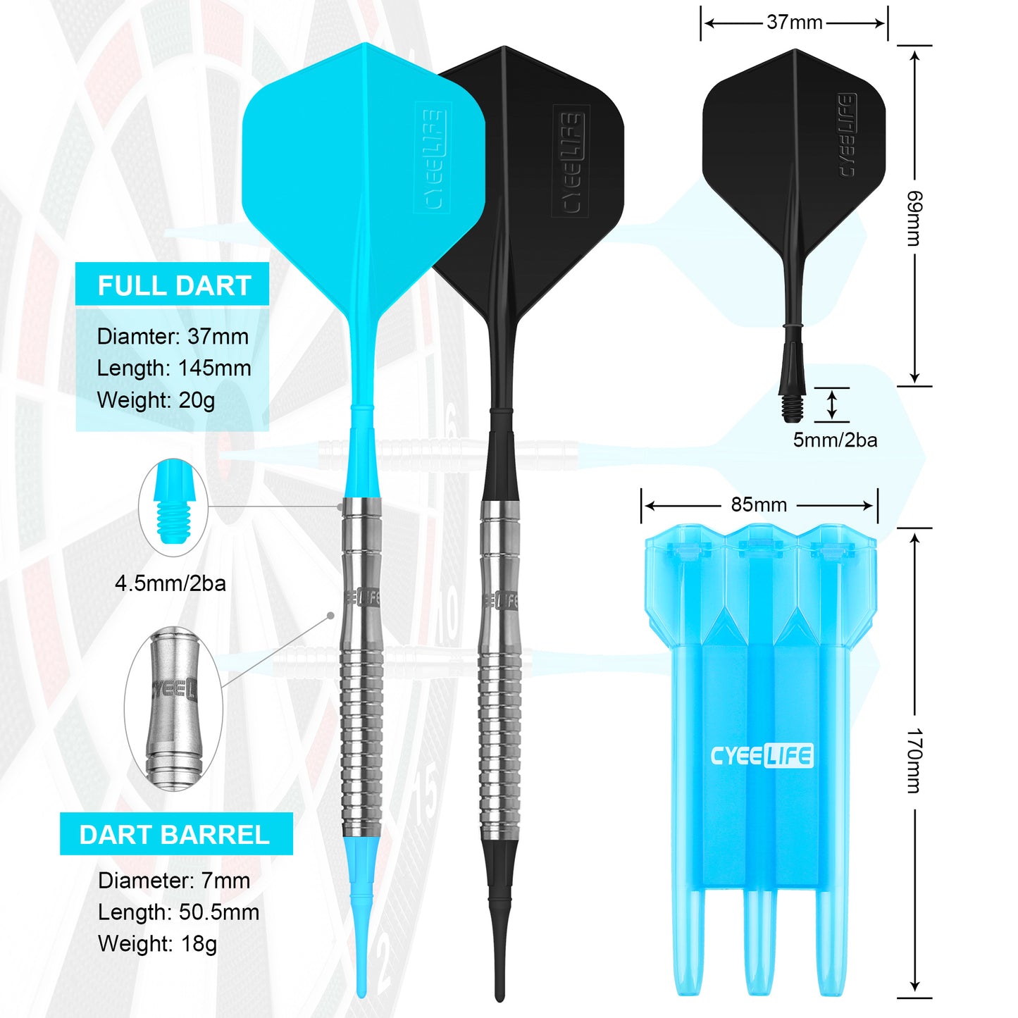 ZG05 Tungsten 90% soft tip darts set 18g with Blue carry case,molded Flights and Extra Points