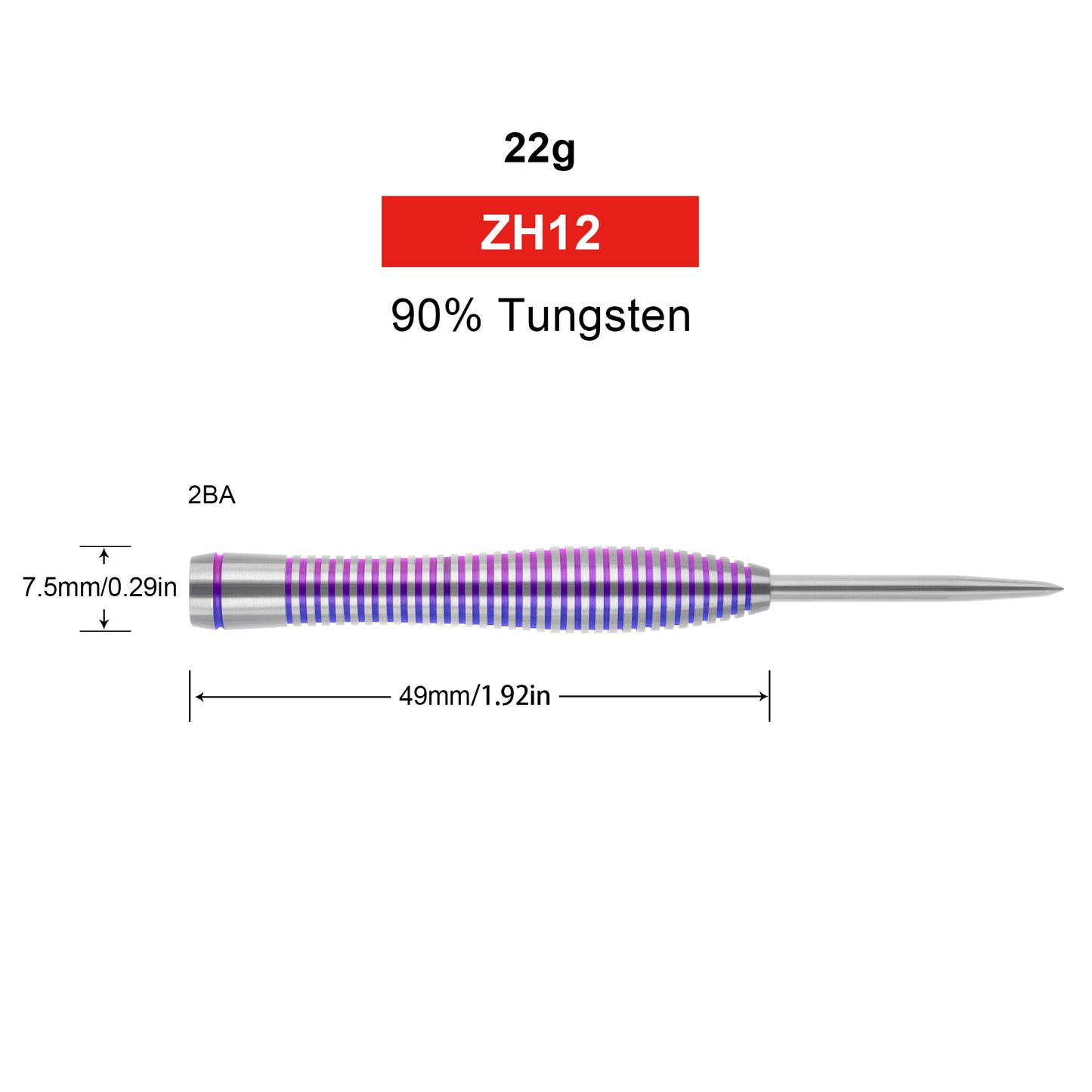 ZH12 22g 90% Professional Tungsten Steel Tip Darts Barrels 3pcs 2BA